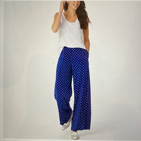 QUACKER FACTORY NAVY DOTTED WIDE LEG PANTS Womens L Flowy beach Nautical QVC - Picture 2 of 12